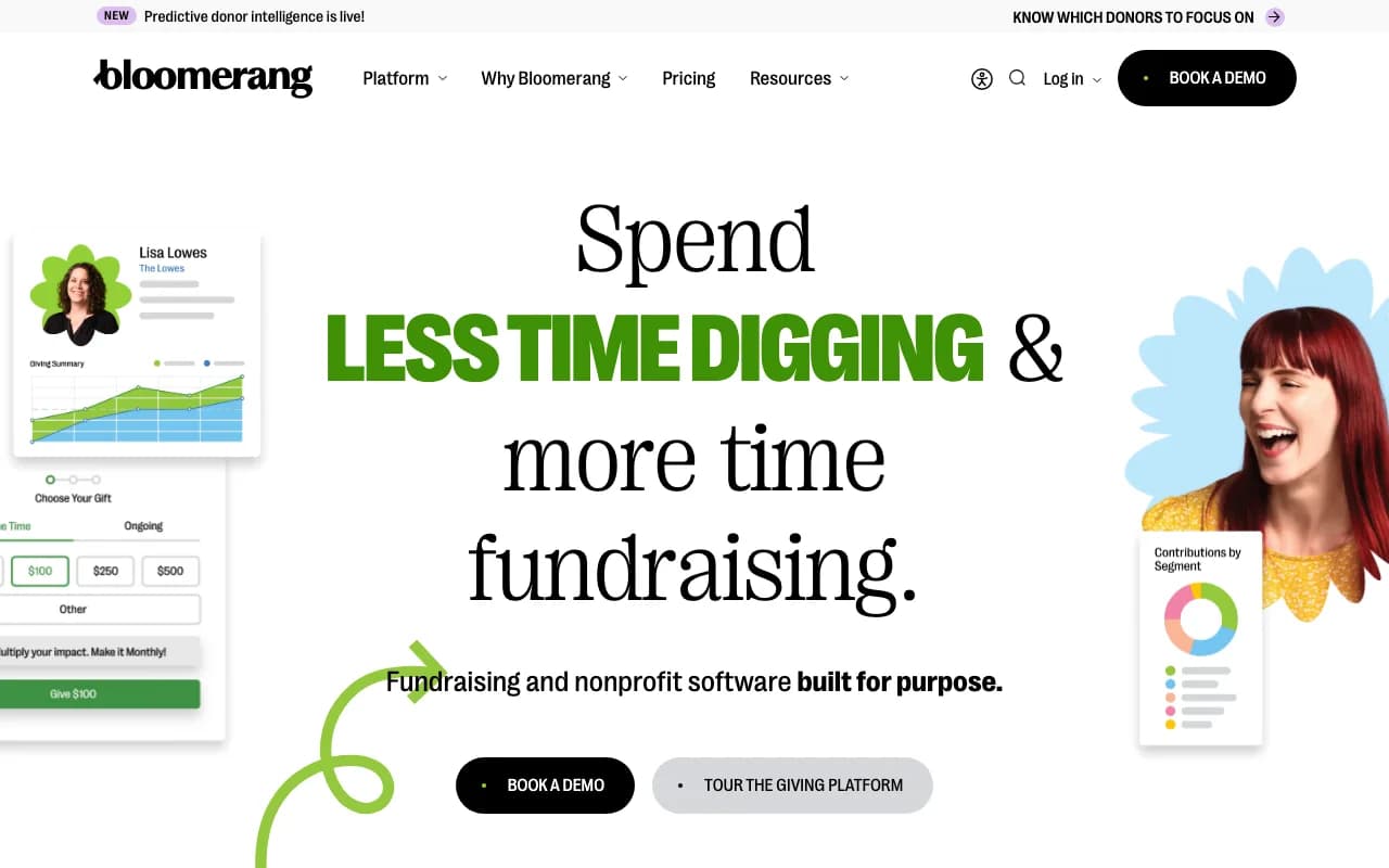 Bloomerang homepage with a giving summary chart, donation form, and donor recommendations UI