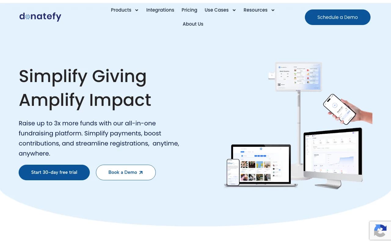 Donatefy homepage with a donation kiosk stand, admin dashboards, and a tap-to-pay phone