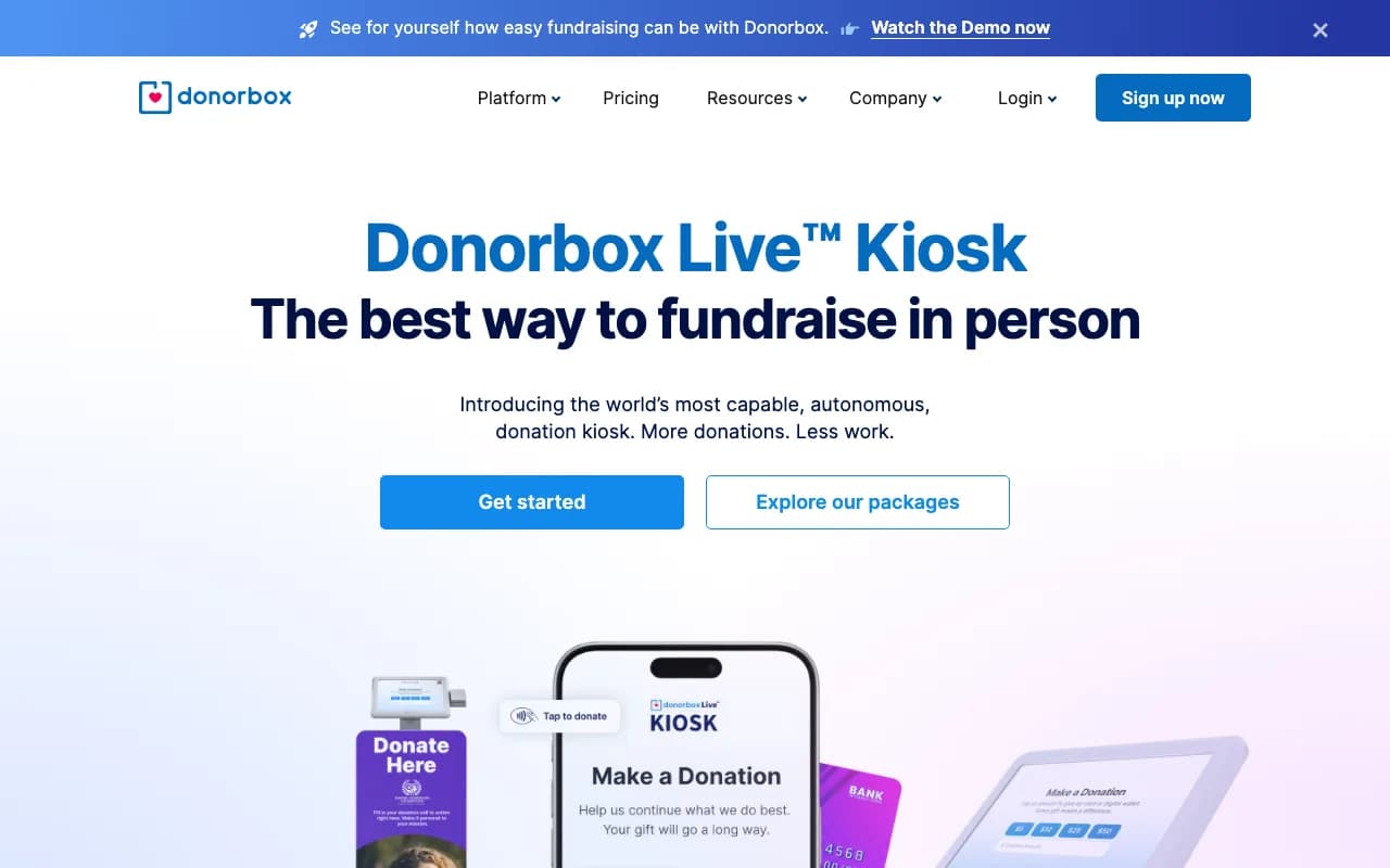 Donorbox Live Kiosk product page with kiosk hardware and a tap-to-donate phone mockup