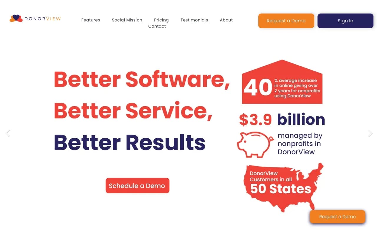 DonorView homepage with headline stats about software, service, and results