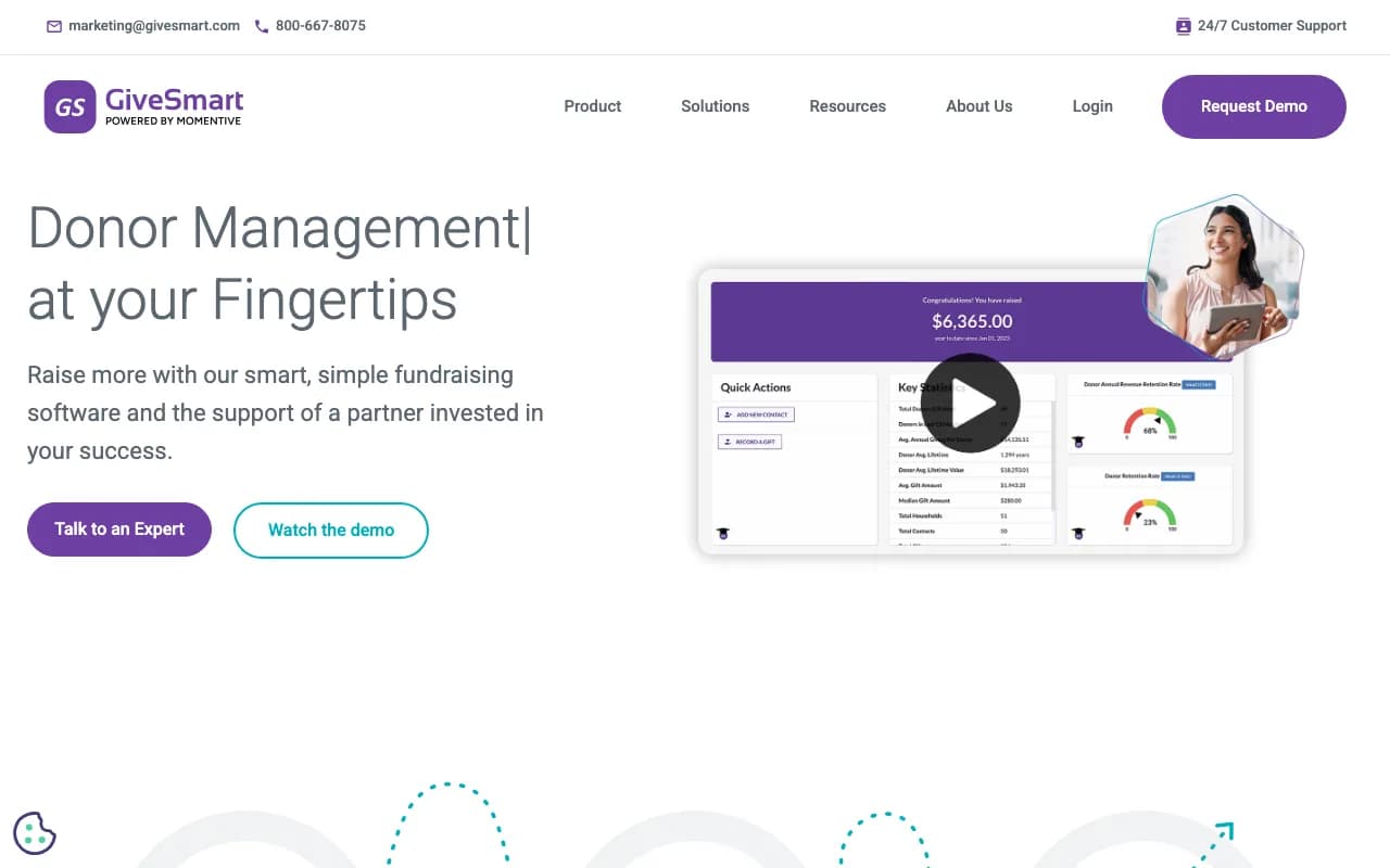 GiveSmart homepage with a fundraising dashboard video and donor management headline