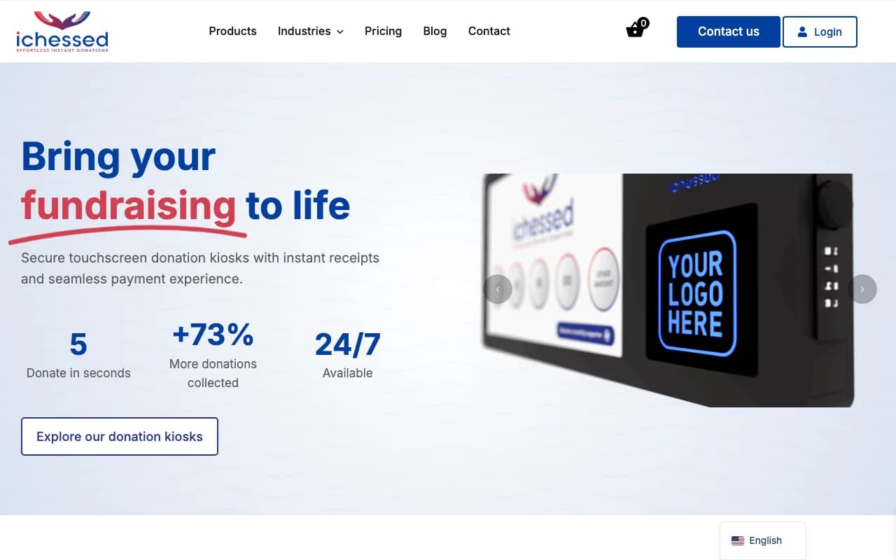iChessed homepage with a touchscreen donation kiosk photo and quick-give stats