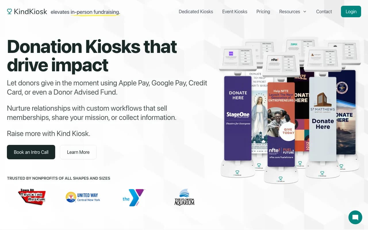 KindKiosk homepage with a lineup of branded floor-standing donation kiosks