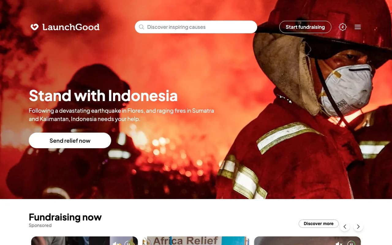 LaunchGood homepage with a disaster relief campaign hero and a live fundraising carousel