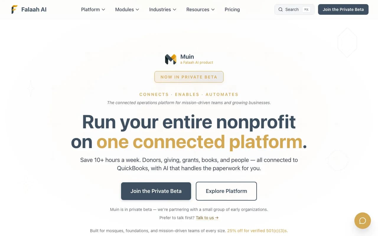 Falaah AI homepage showing Muin in private beta with an AI operations platform headline