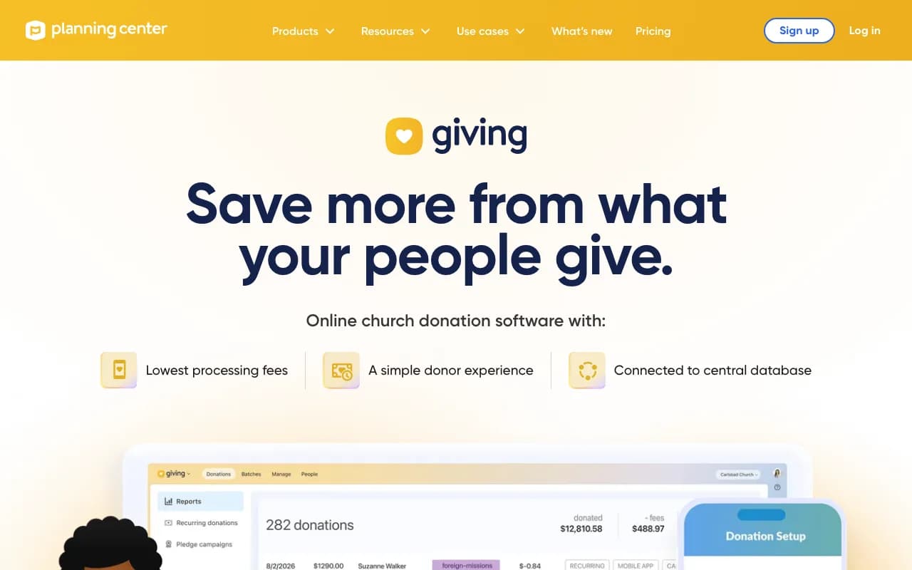 Planning Center Giving page with a donations dashboard showing batches, fees, and recurring gifts