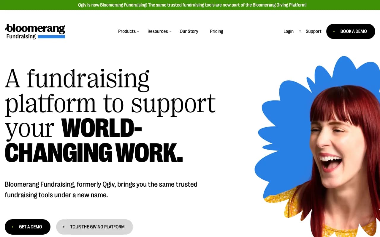 Qgiv homepage announcing that Qgiv is now Bloomerang Fundraising