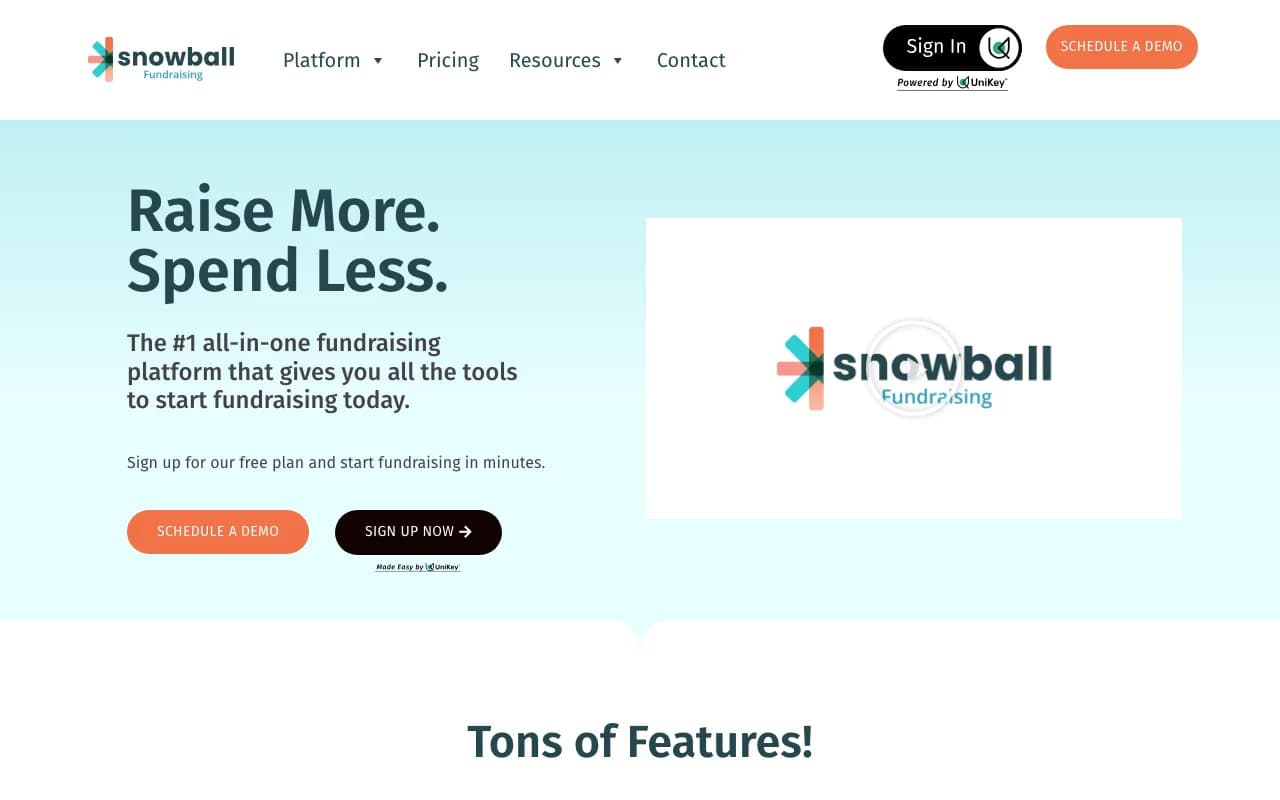 Snowball Fundraising homepage with the headline raise more, spend less