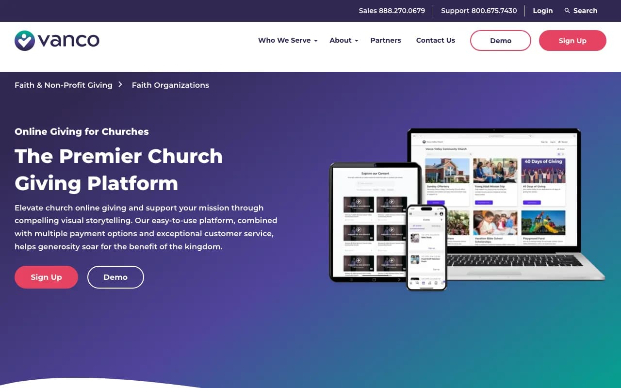 Vanco church giving page with laptop, tablet, and phone mockups of its giving storefront