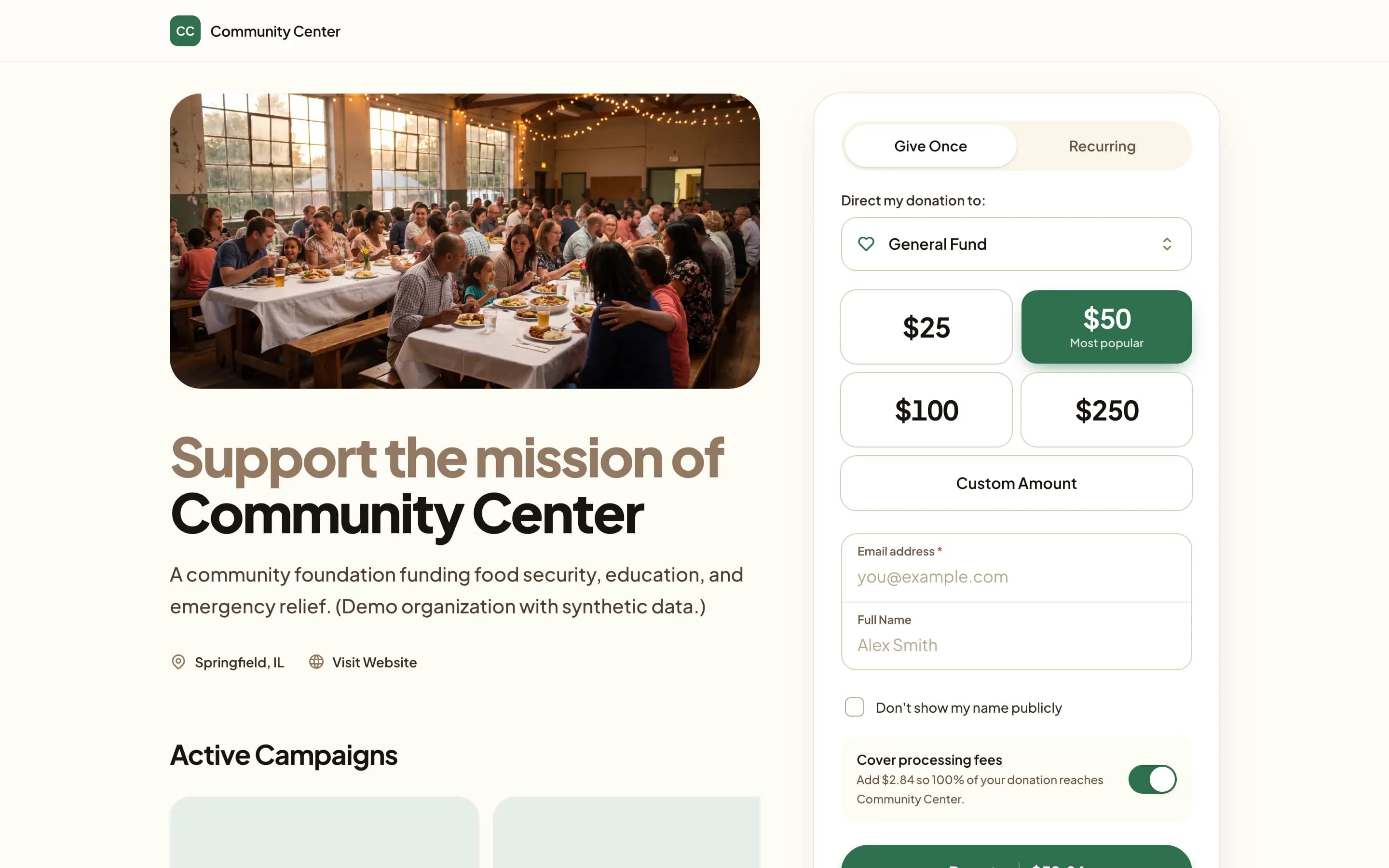 A hosted Givebear giving page for Community Center: a photo of a community dinner beside a form with Give Once and Recurring, a fund picker set to General Fund, amounts from $25 to $250, email and name fields, and a cover processing fees switch