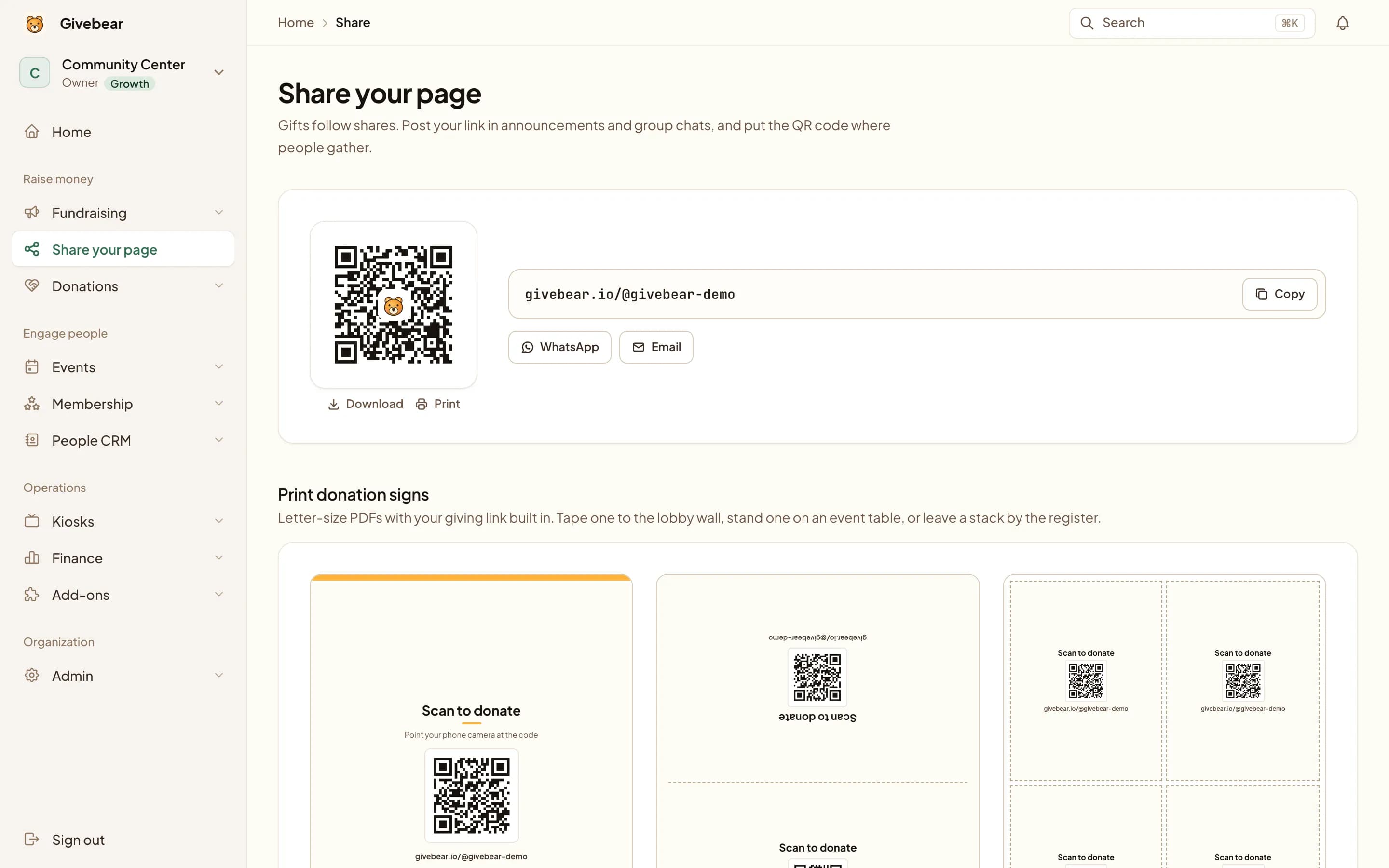 The Share your page screen in Givebear: the organization's QR code with Download and Print, its giving link with Copy, WhatsApp and Email buttons, and printable donation sign layouts below