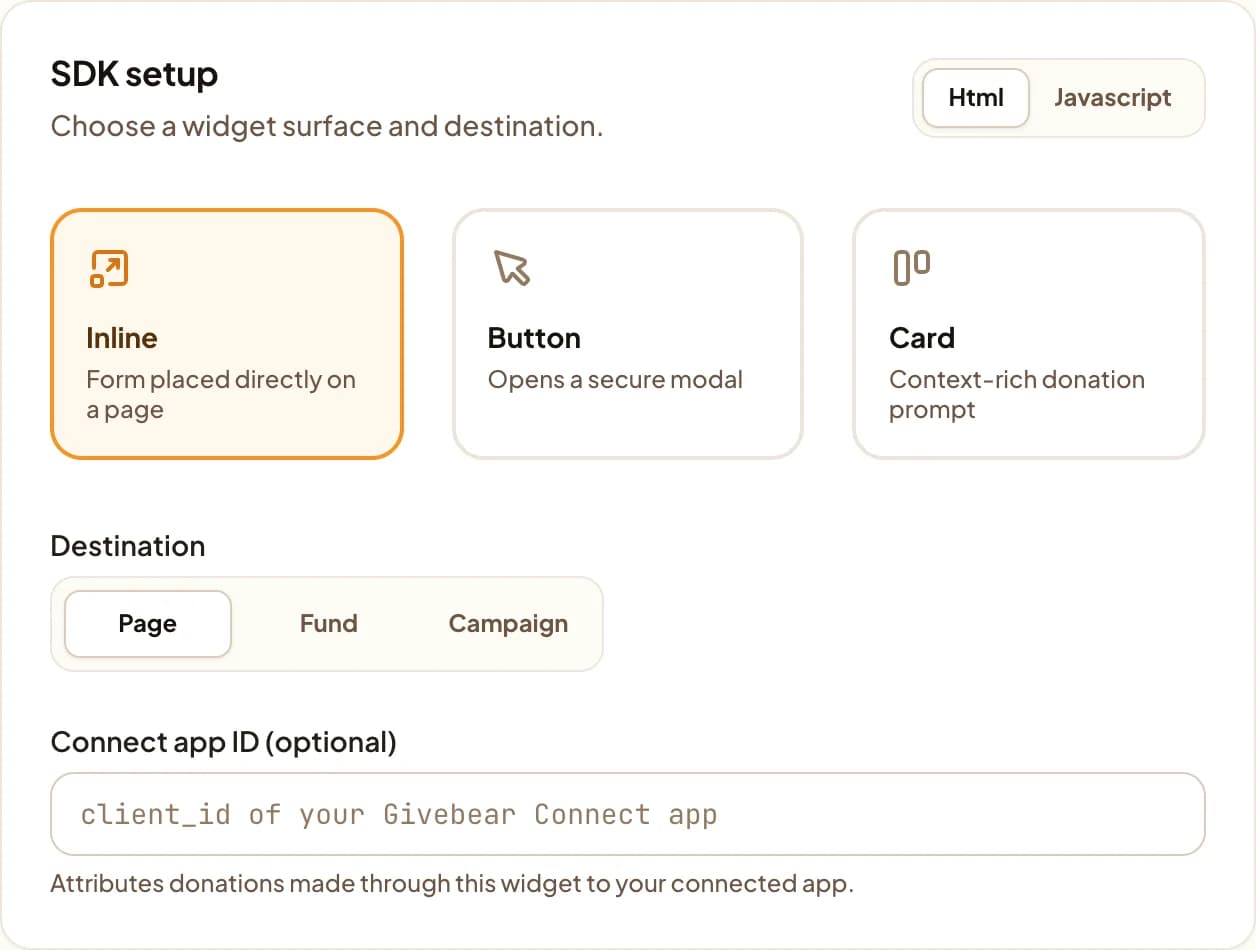 The Website button setup in the Givebear dashboard: widget surfaces Inline, Button and Card, a destination of Page, Fund or Campaign, and an HTML or JavaScript snippet choice