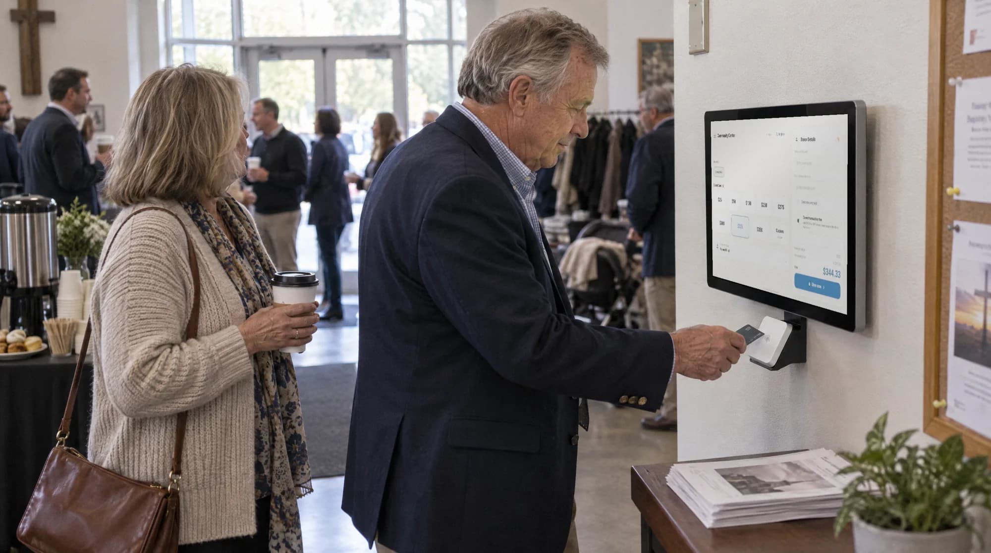 A man taps a card on a donation kiosk in a church lobby after the service