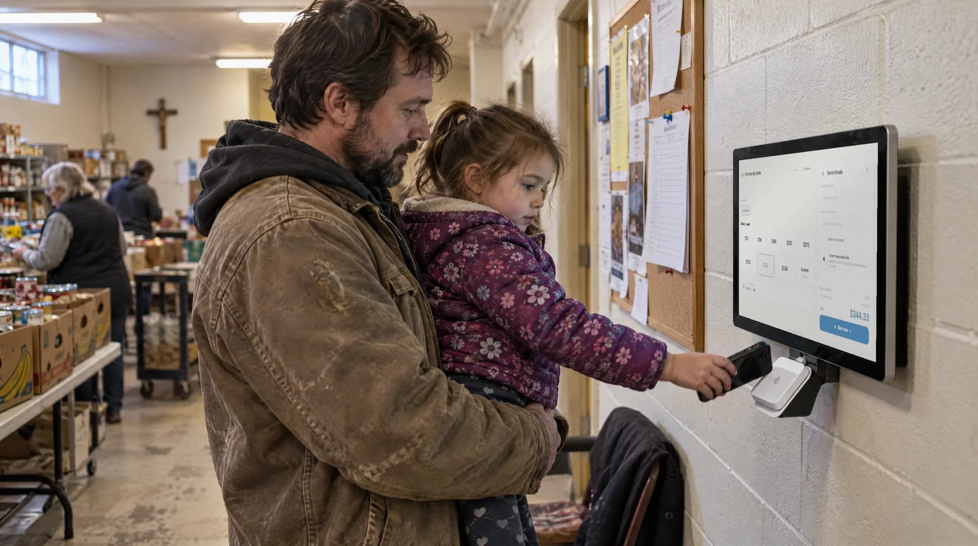 A father lifts his daughter to tap a phone on a donation kiosk in a community pantry