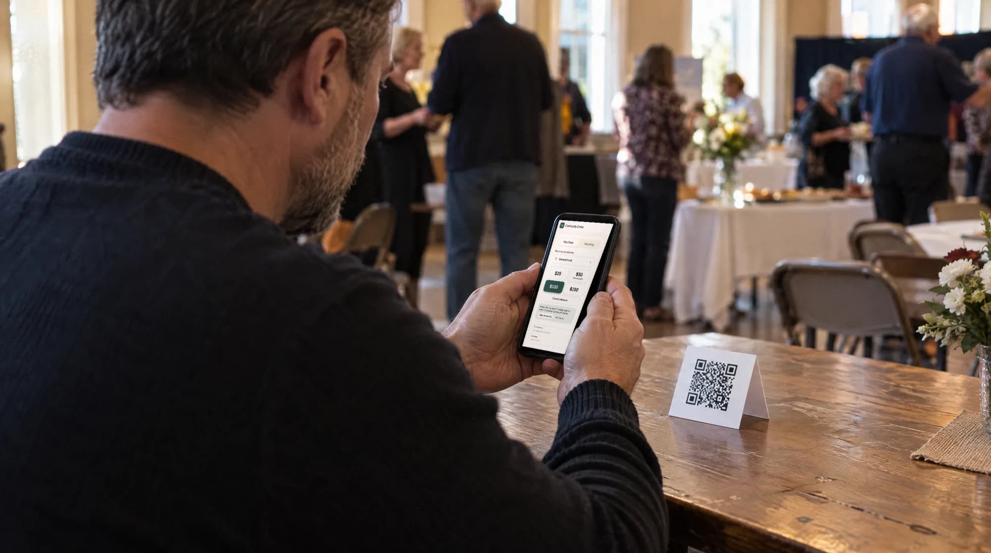 A man scans a donation QR code card on a table at a community hall