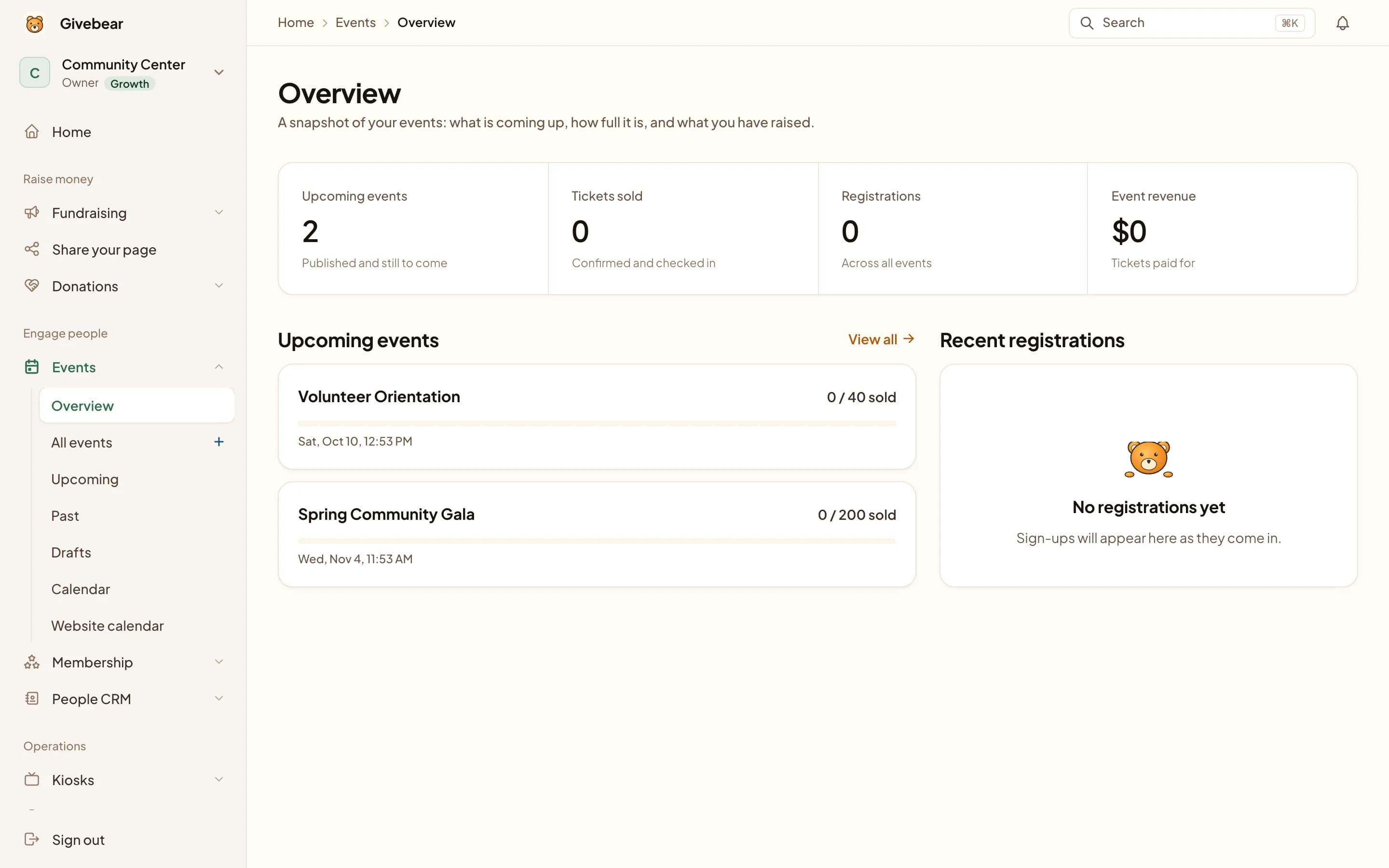 Givebear events overview with upcoming events, tickets sold, registrations and event revenue