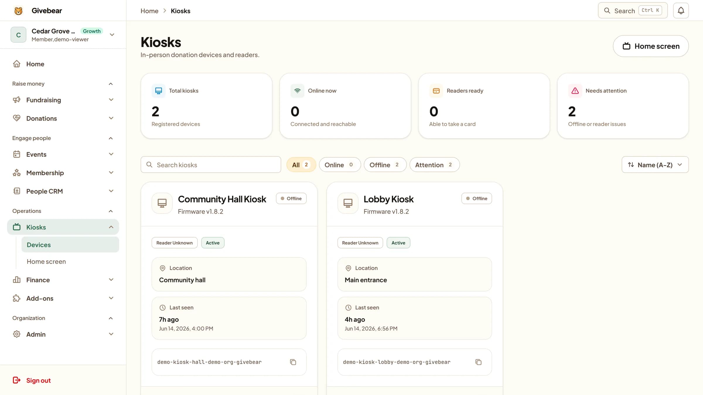 Givebear kiosk and device management dashboard