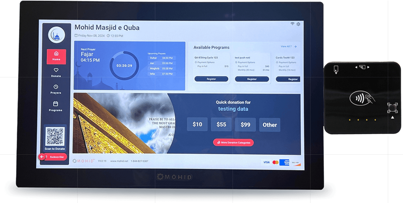MOHID donation kiosk interface with prayer schedule and quick donation options