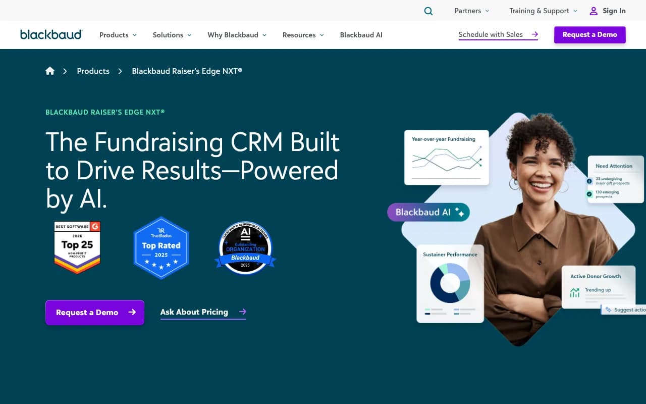 Blackbaud Raiser's Edge NXT product page with AI-powered fundraising CRM dashboards