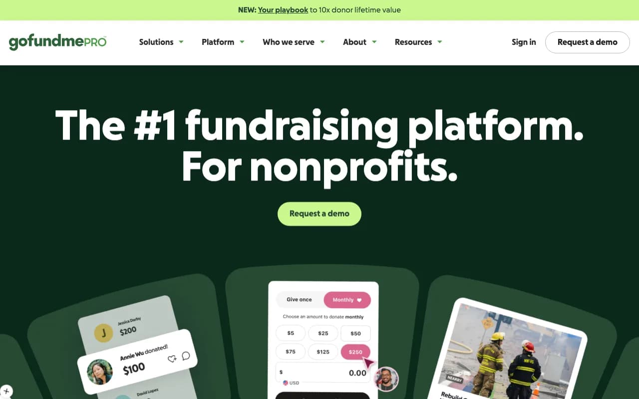 GoFundMe Pro homepage calling itself the number one fundraising platform for nonprofits