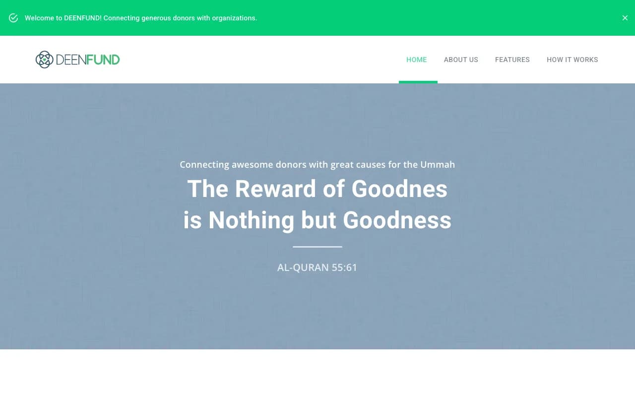 DeenFund homepage connecting donors with organizations, with a Quran verse hero