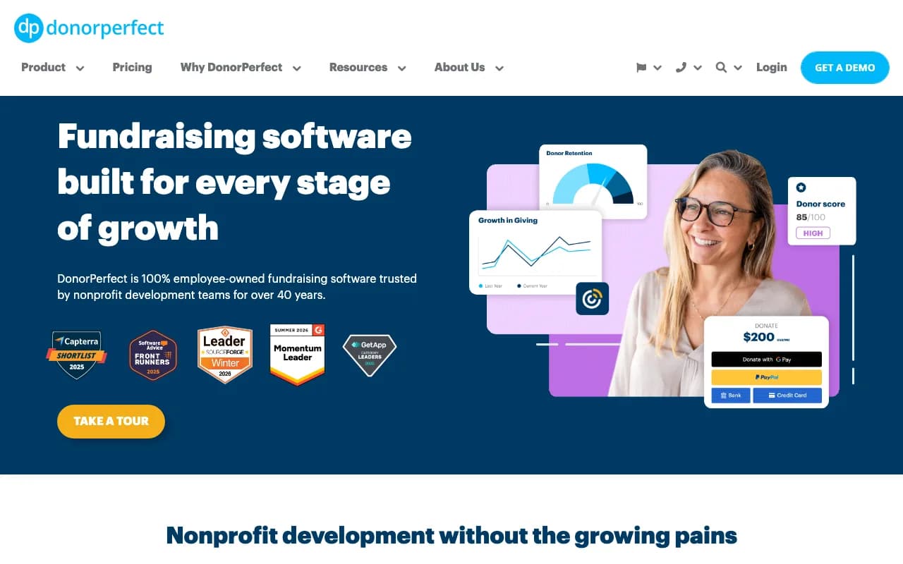 DonorPerfect homepage with donor retention dashboards, award badges, and a donation payment mockup