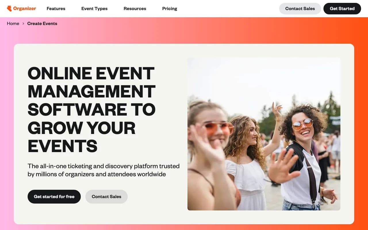 Eventbrite organizer page promoting online event management software with an event crowd photo