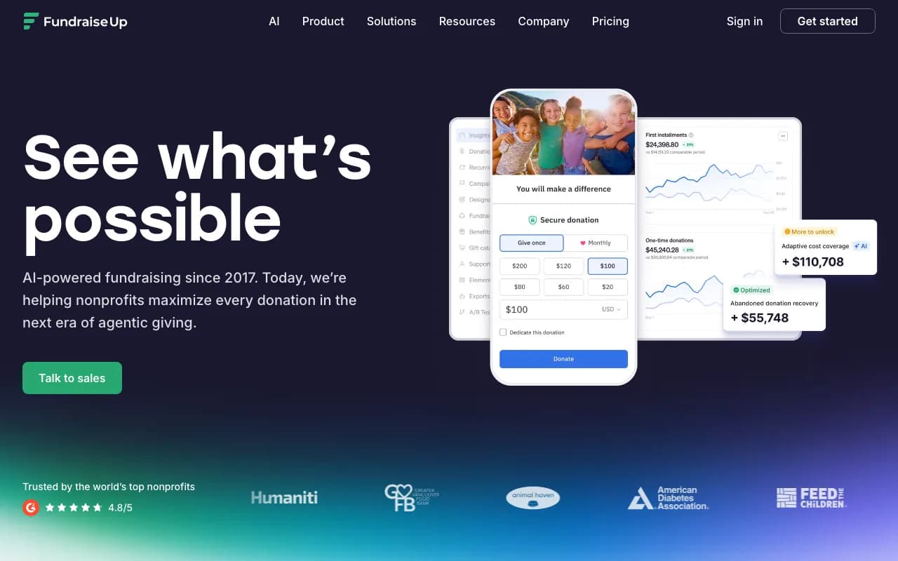 Fundraise Up homepage with a donation checkout and fundraising analytics dashboards
