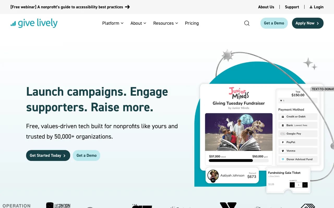 Give Lively homepage with a campaign page mockup listing card, bank, wallet, and DAF payment methods