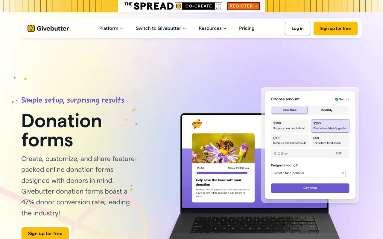 Givebutter donation forms product page with a sample donation form and amount buttons