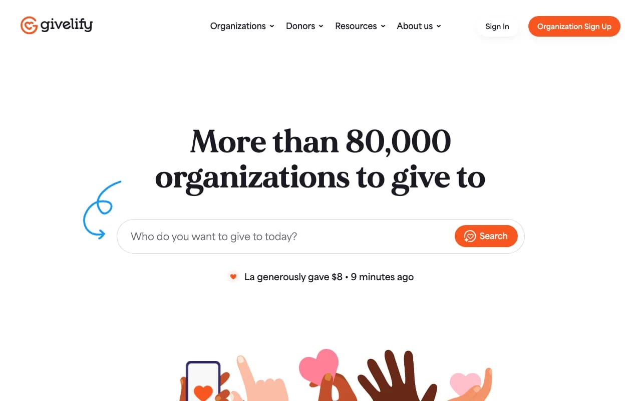 Givelify homepage with a search box for finding organizations to give to