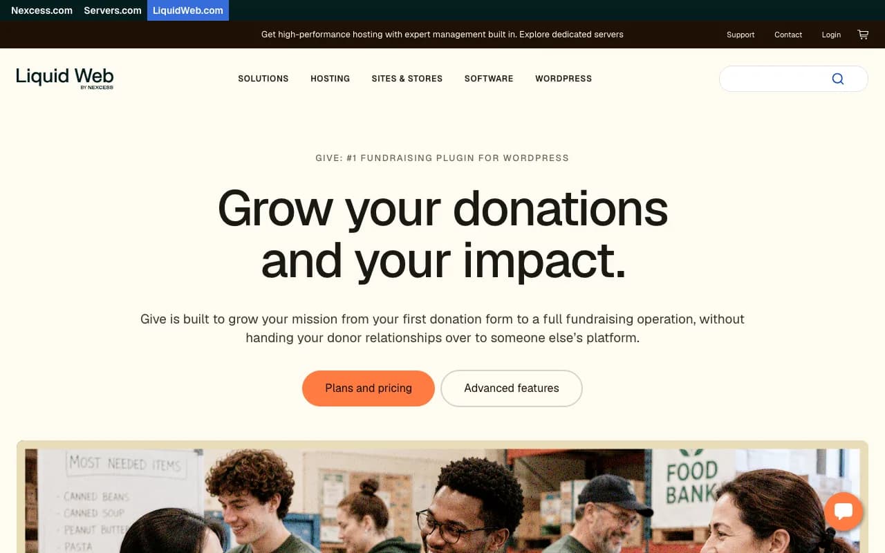 GiveWP product page on liquidweb.com about growing donations with the WordPress plugin
