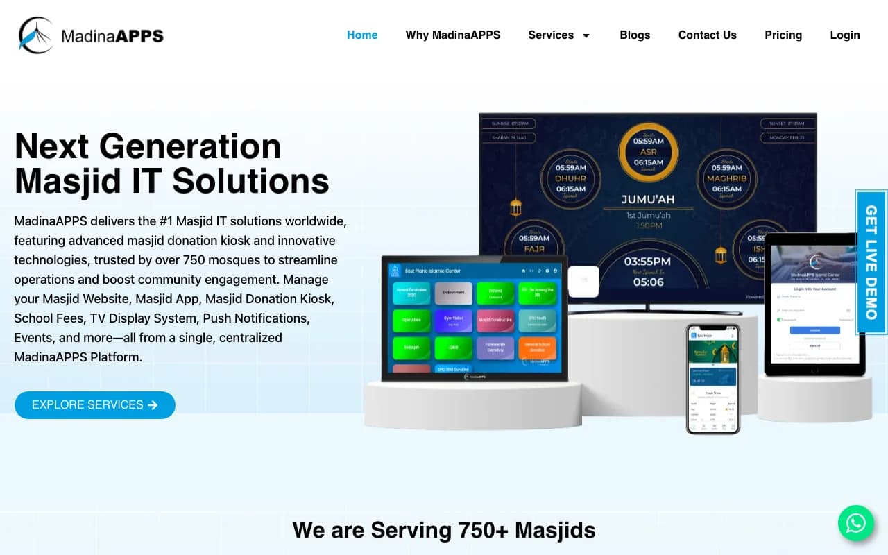 MadinaApps homepage with masjid donation kiosk, TV display, and mobile app product mockups