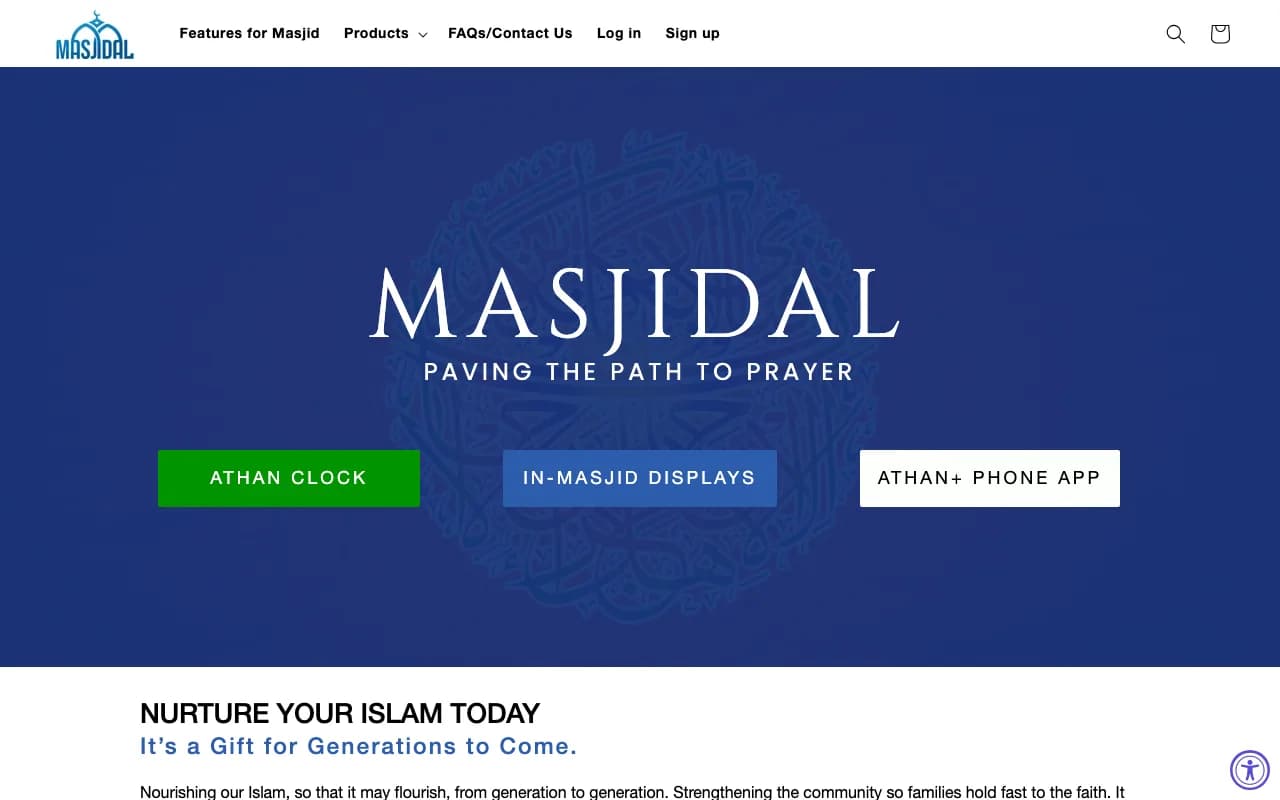 MasjidAl homepage with Athan Clock, in-masjid displays, and Athan phone app products