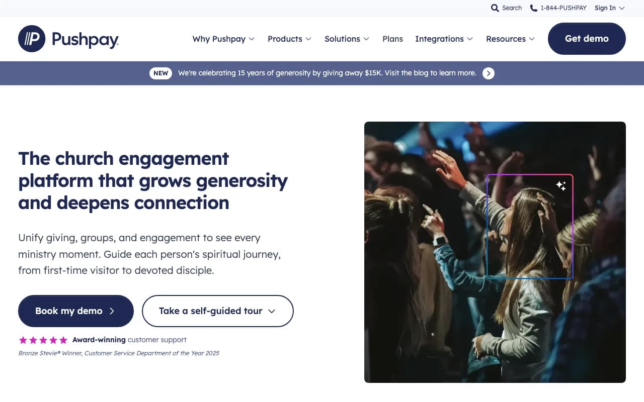 Pushpay homepage describing a church engagement platform, with a worship service photo