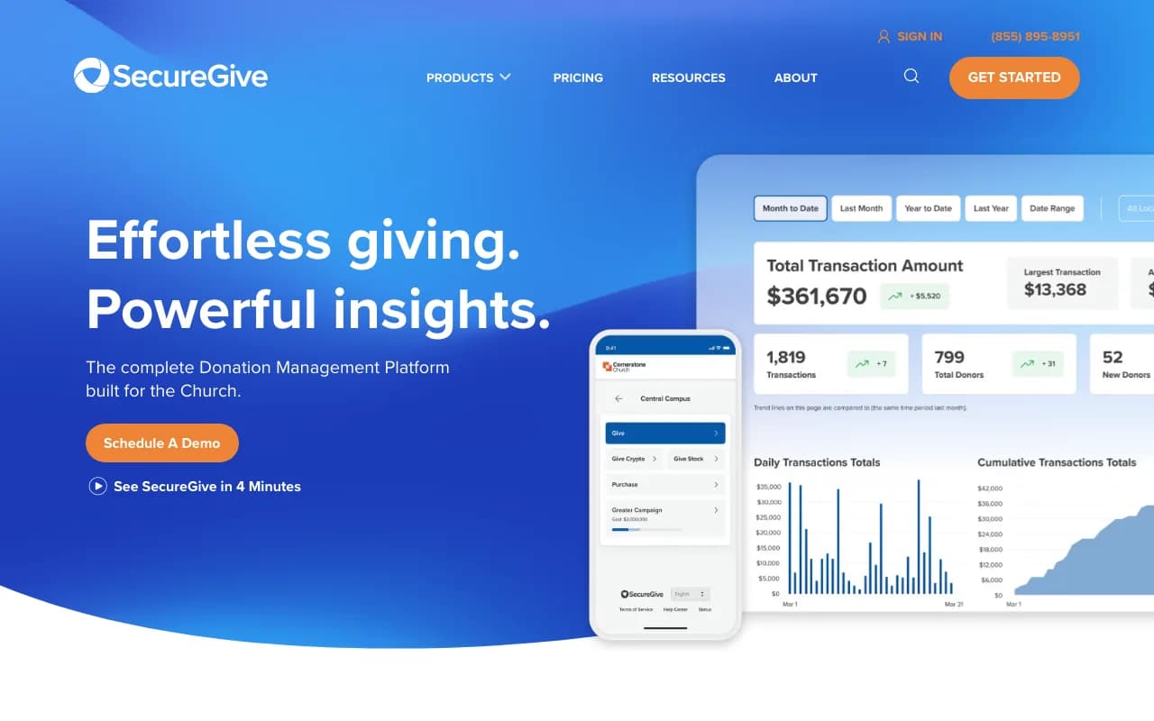 SecureGive homepage with a transaction analytics dashboard and a mobile giving app mockup