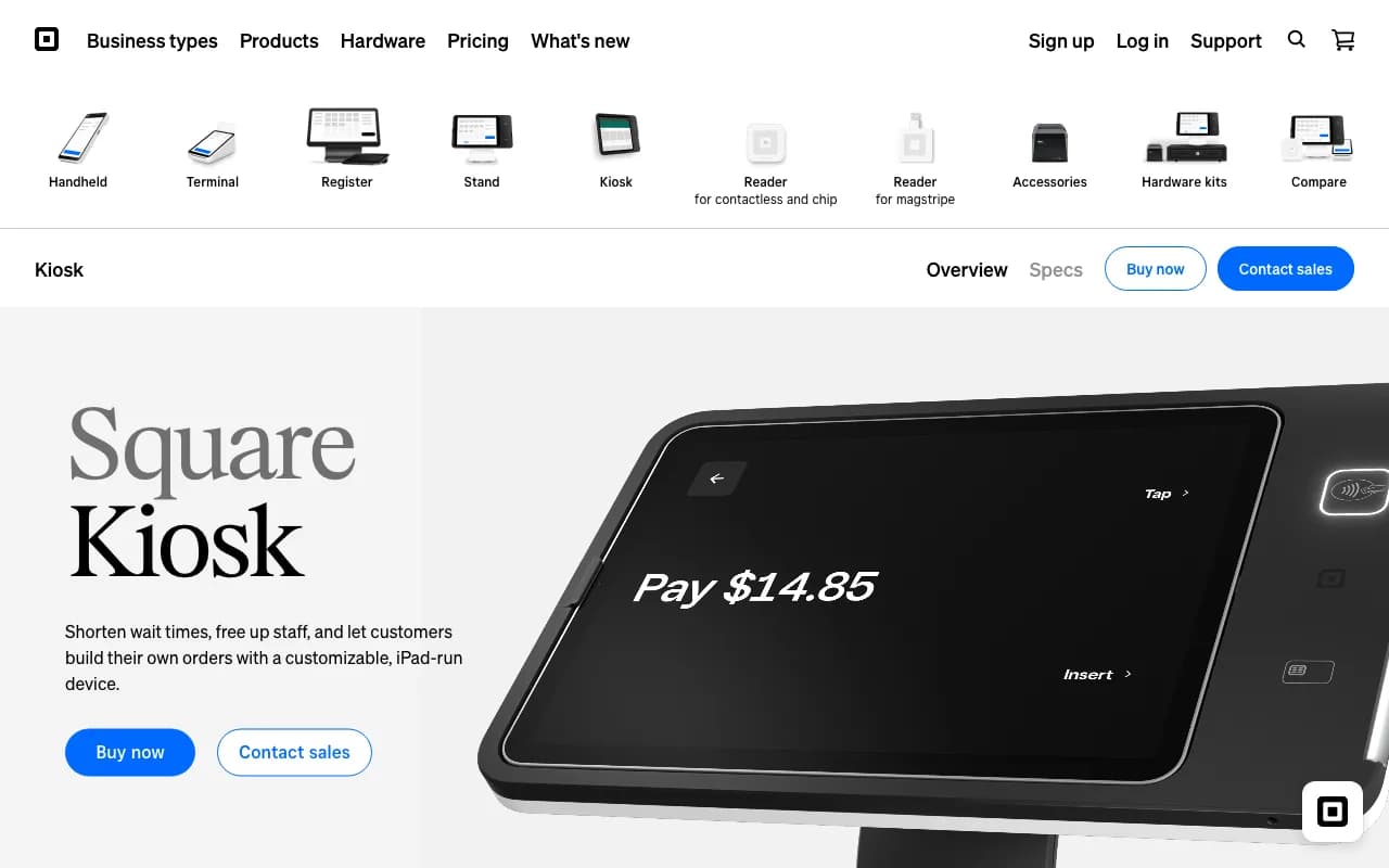 Square Kiosk hardware page showing an iPad-based self-service payment kiosk