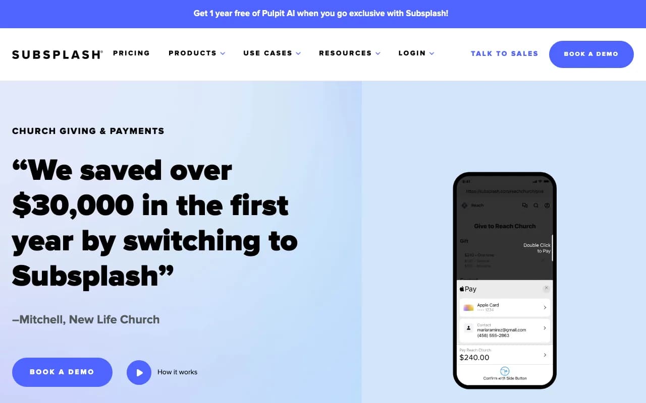 Subsplash Giving page with a church member savings quote and an Apple Pay giving flow