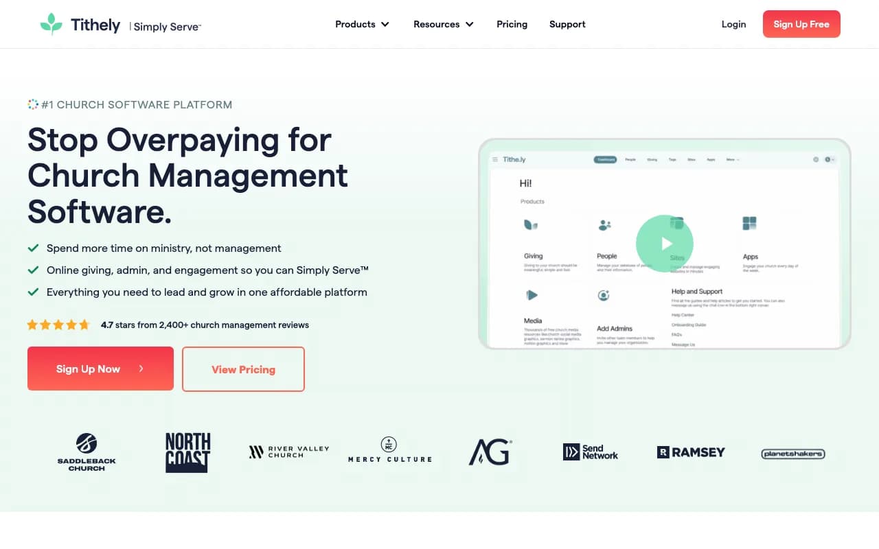 Tithely homepage headline about overpaying for church management software, with a product dashboard