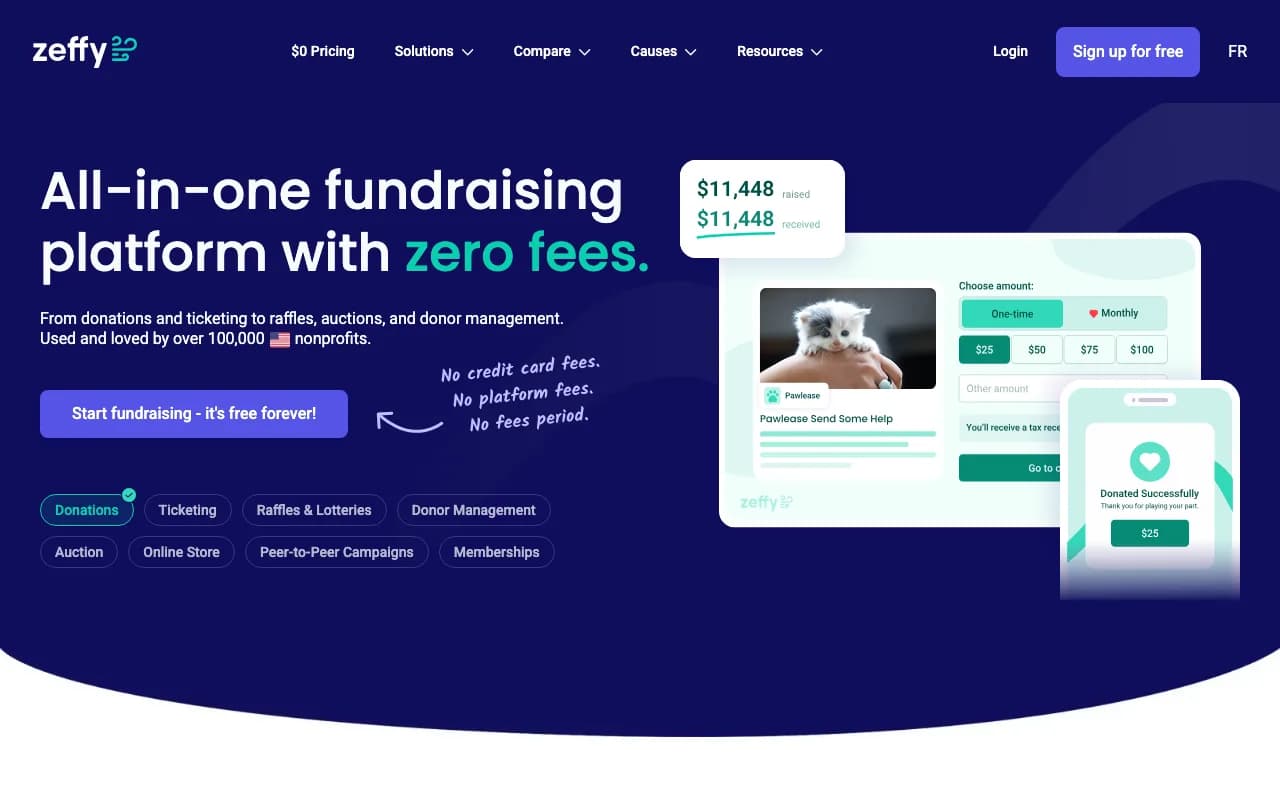 Zeffy homepage promoting an all-in-one fundraising platform with zero fees, with donation form mockups