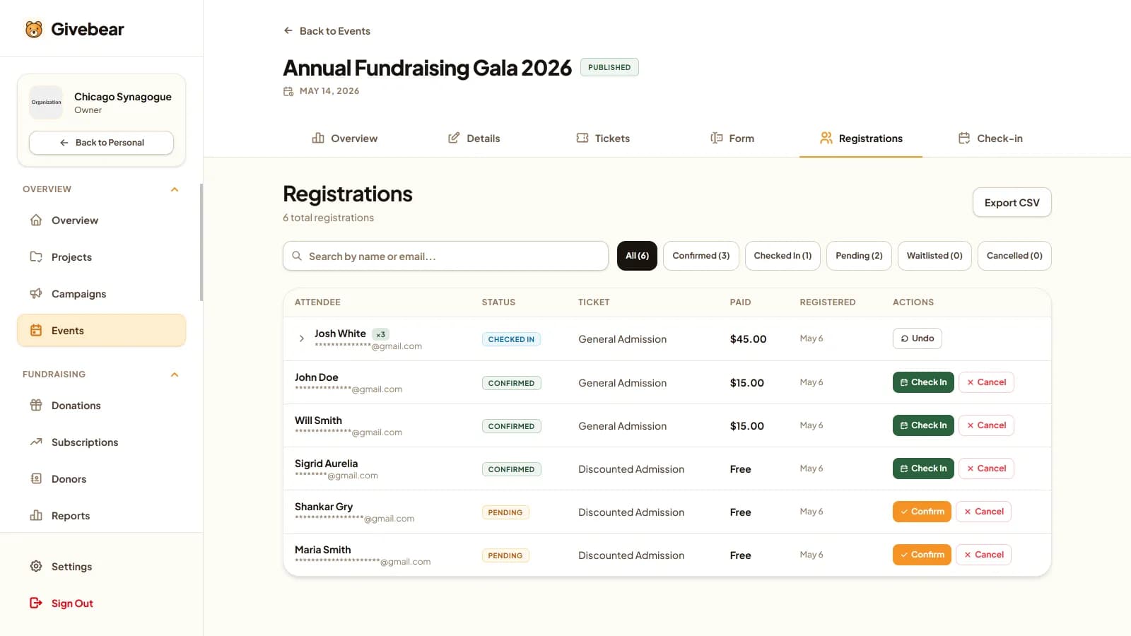 Givebear event and campaign management dashboard